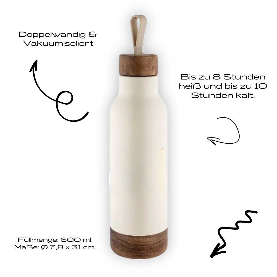 Doppelwandige, vakuumisolierte Trinkflasche mit Holzdeckel, hält Getränke bis zu 8 Stunden heiß und bis zu 10 Stunden kalt, Fassungsvermögen 600 ml