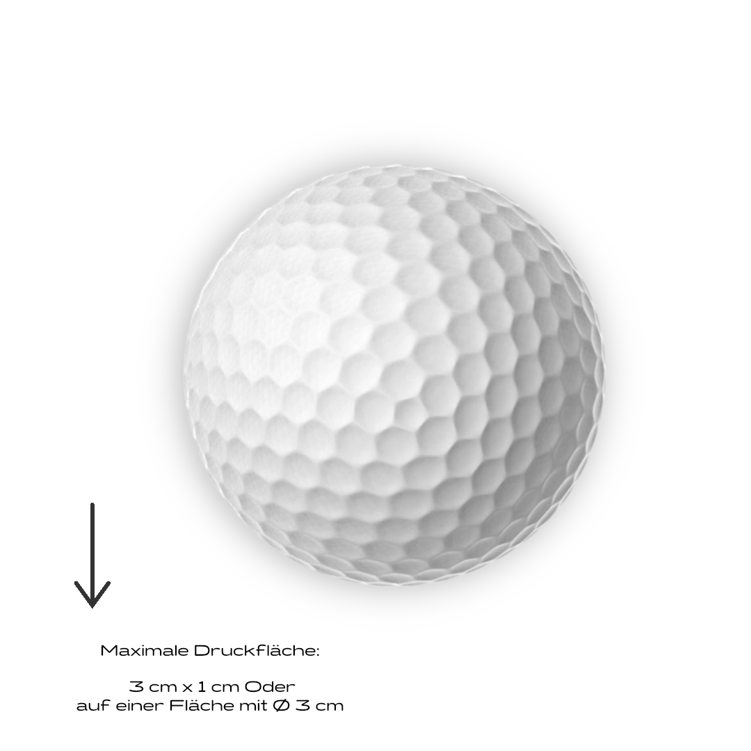 Golfball mit maximaler Druckfläche von 3 cm x 1 cm oder auf einer Fläche mit Durchmesser von 3 cm, ideal für personalisierte Werbeartikel