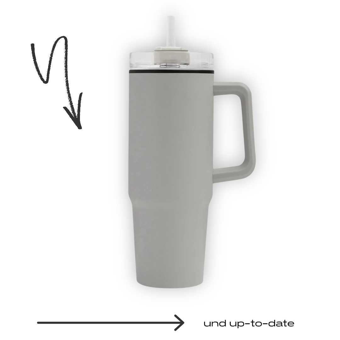 Moderner grauer Becher mit Henkel und Strohhalm, minimalistisches Design