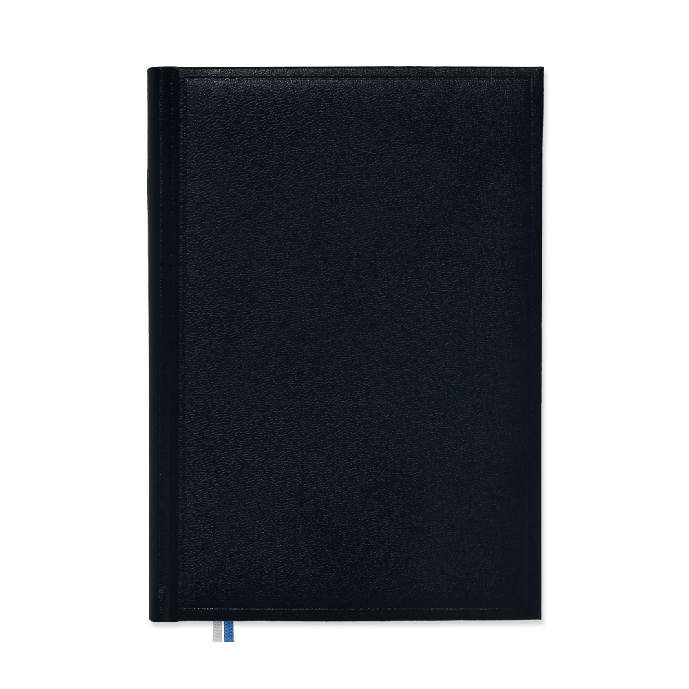 Schwarzer Kalender in Lederoptik mit Hardcover und Lesezeichen, ideal für geschäftliche Notizen oder als individuelles Werbegeschenk