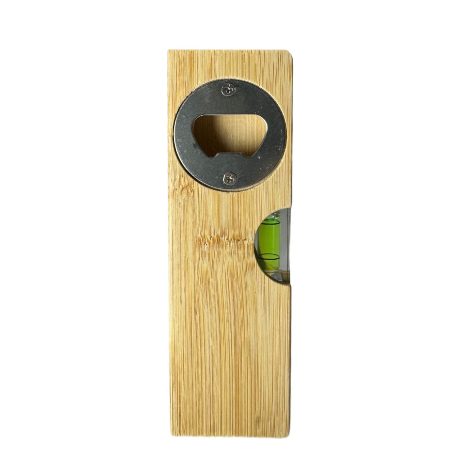 Flaschenöffner aus Holz mit integrierter Wasserwaage, ideal als multifunktionales Werbegeschenk