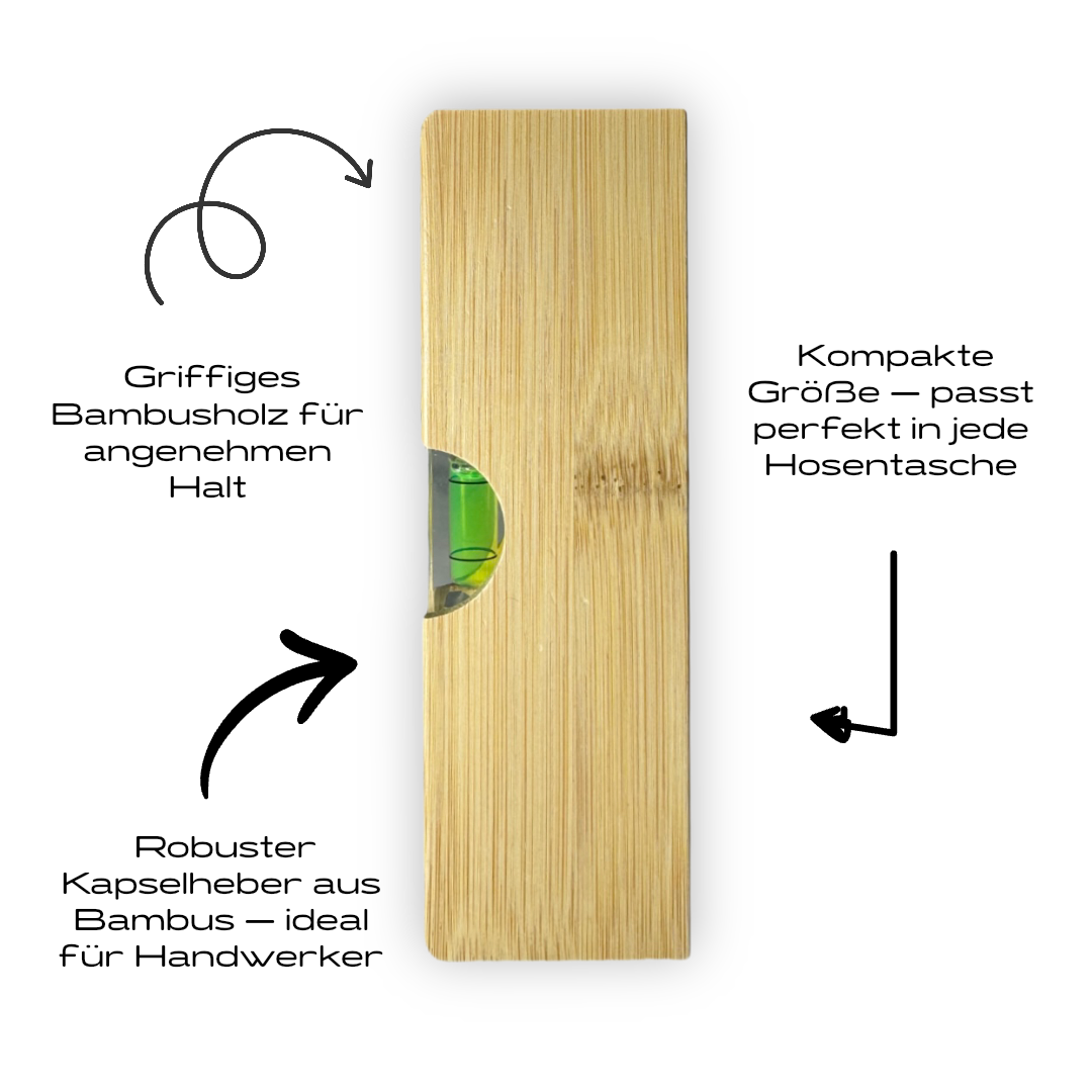 Kompakter Kapselheber aus Bambus mit integrierter Wasserwaage – griffig und ideal für Handwerker, passt in jede Hosentasche.
